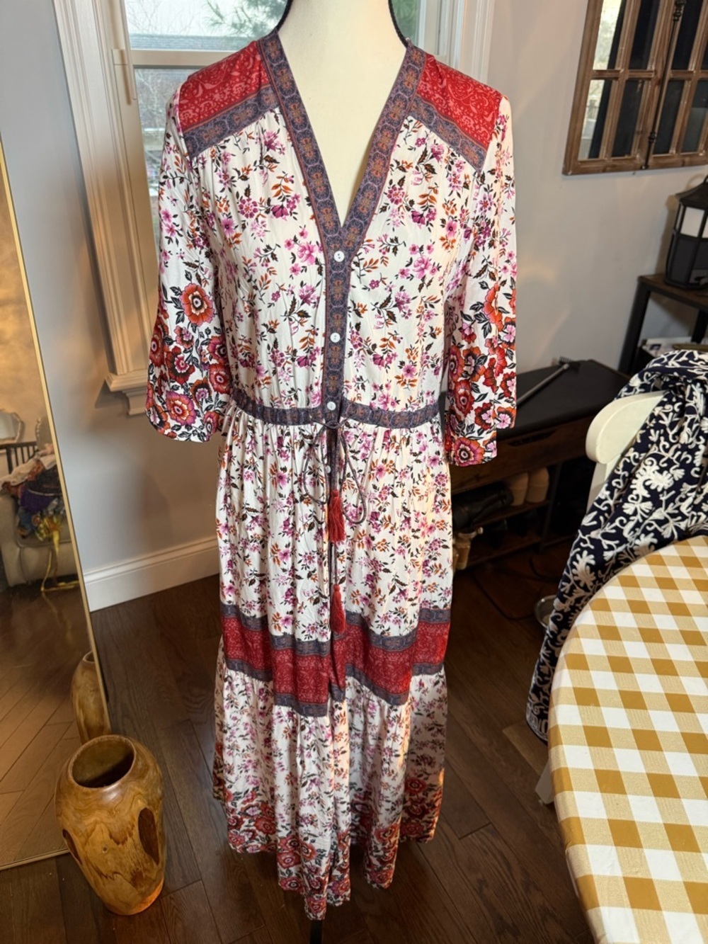 Floral Boho Midi Dress with Red Accents size 8/10